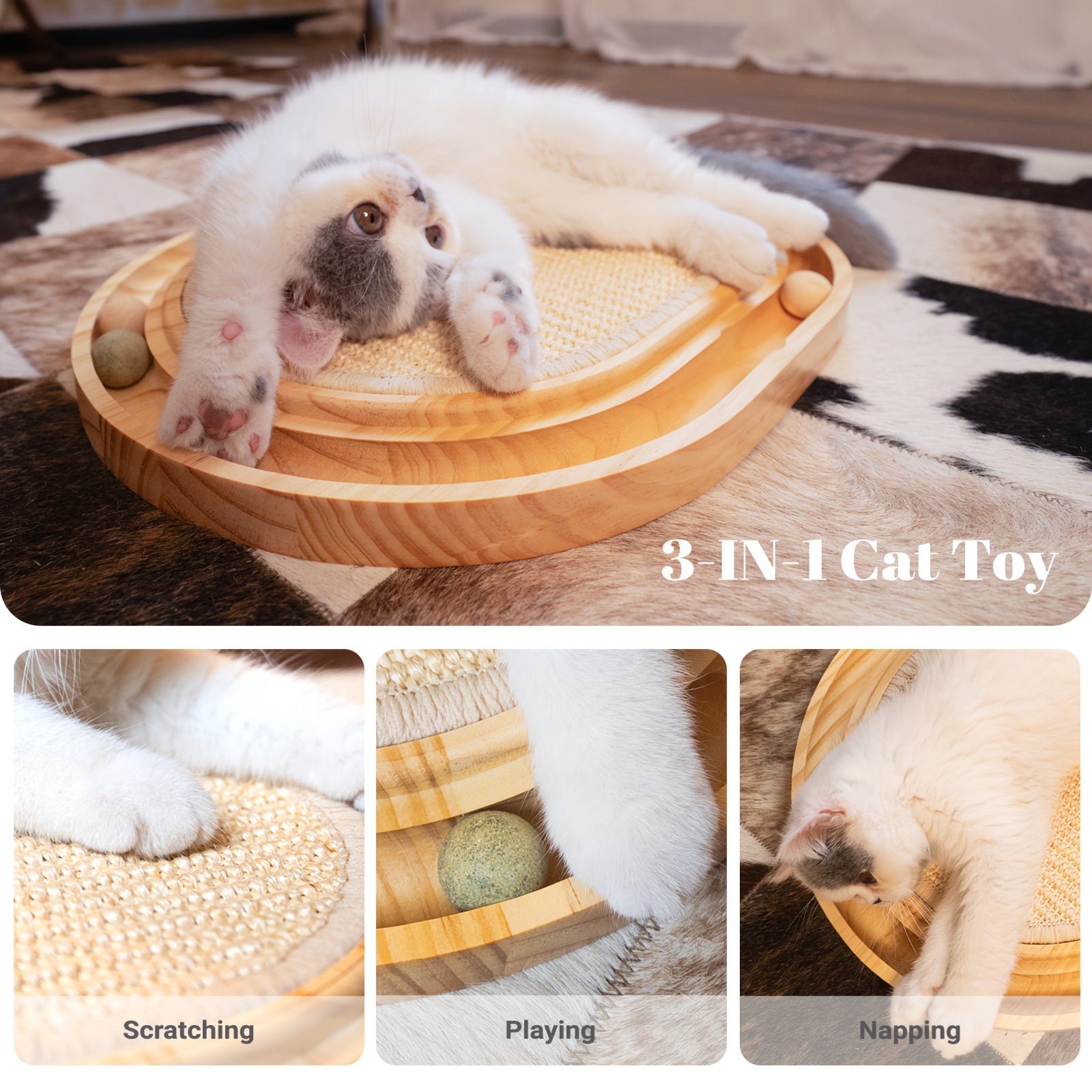 Wooden Interactive Cat Toy Featuring a Track, Designed for Indoor Cats to Scratch And Exercise