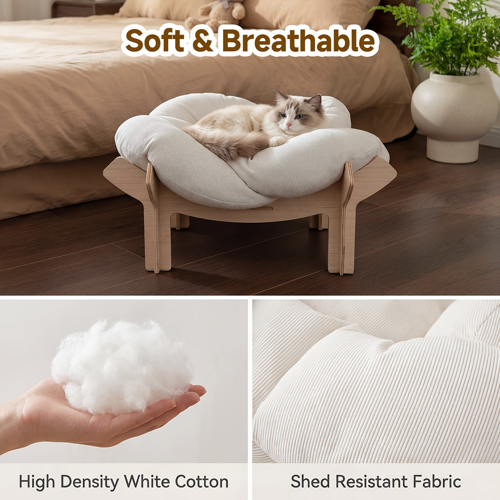 High-Leg Elevated Pet Bed with Joint-Protecting Cushion - Removable Soft Bed, Solid Wood Base Suitable for Cats & Small Dogs, Easy Assembly Indoor Bed, Sturdy Legs & Heart Frame, Modern Luxury Indoor Cat Furniture (-Filled)