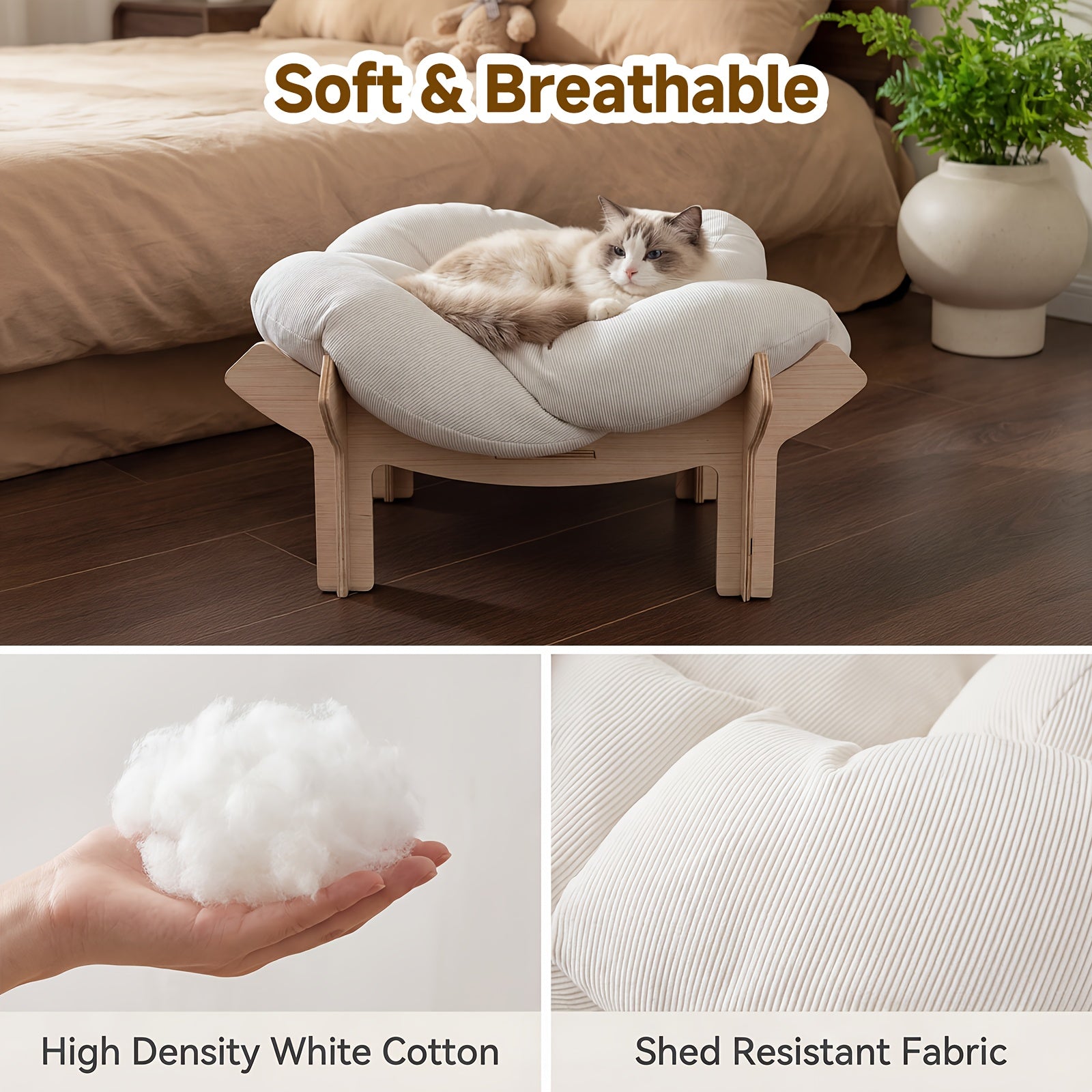 High-Leg Elevated Pet Bed with Joint-Protecting Cushion - Removable Soft Bed, Solid Wood Base Suitable for Cats & Small Dogs, Easy Assembly Indoor Bed, Sturdy Legs & Heart Frame, Modern Luxury Indoor Cat Furniture (-Filled)