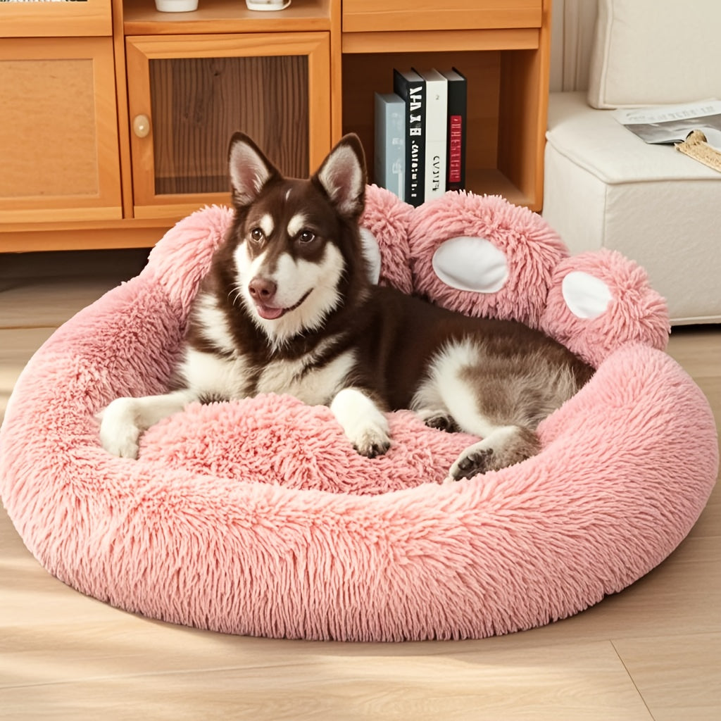 1pc Claw-Shaped Plush Pet Bed Suitable for Small & Medium Dogs & Cats, Raised Edge Anti-Anxiety Bedding with Paw Print Design, Warm Cozy Bed for Puppies, Machine Washable PP Nest, No Assembly Required for Crate or Use