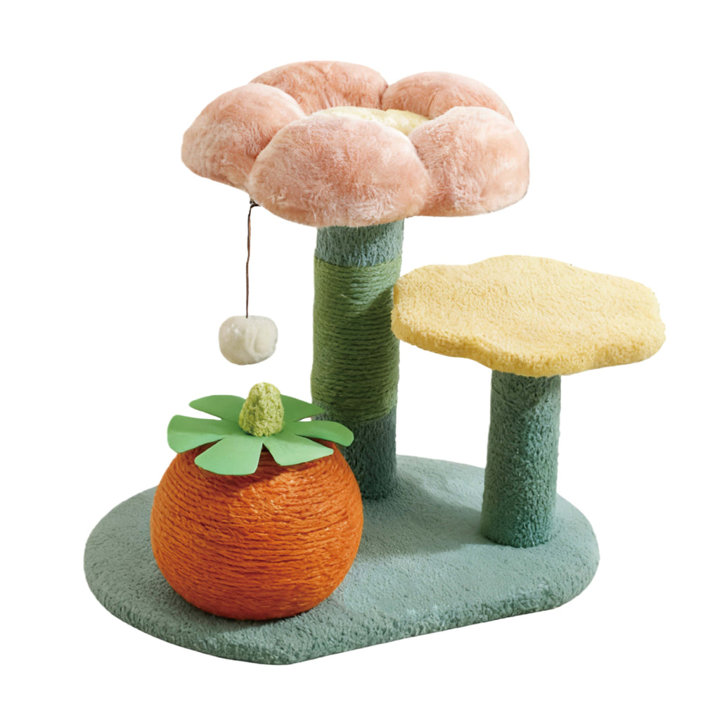 Purple Eggplant\u002FFlower-shaped Sisal Scratch Board | Interactive Cat Scratch Post with Mini Pet House (Green Base + Yellow Cat Bed), Durable Indoor Small Cat Climbing Frame, Plush Base & Sisal Rope, Soft Plush Material, Cat Accessories