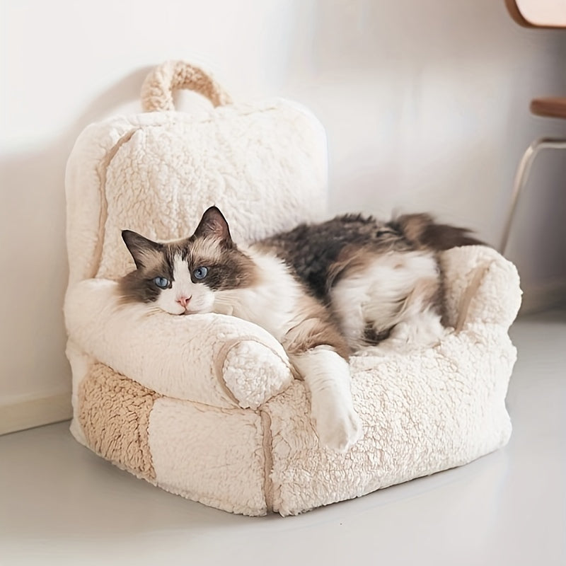 Warm Plush Cat Sofa Bed 1pc Warm and Comfortable Plush Cat Sofa Bed, Soft Polyester Cushion with Padded Side, Multi-Color, Perfect for Cats and Puppies
