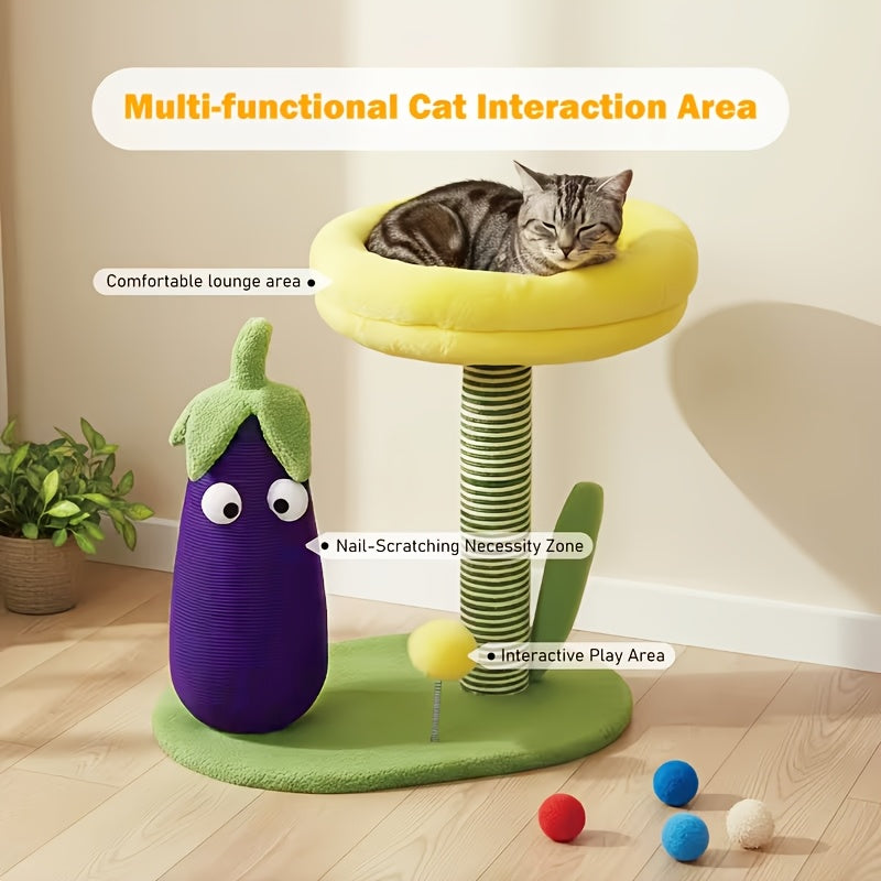 Purple Eggplant\u002FFlower-shaped Sisal Scratch Board | Interactive Cat Scratch Post with Mini Pet House (Green Base + Yellow Cat Bed), Durable Indoor Small Cat Climbing Frame, Plush Base & Sisal Rope, Soft Plush Material, Cat Accessories