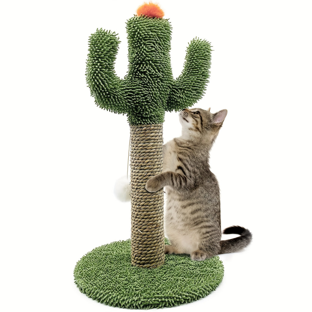 Cactus-Shaped Cat Climbing Tree 2-in-1 with Solid Wood Base & Natural Sisal Scratching Post, Hanging Pom Ball for Indoor Cats - Multi-Level Cat Activity Center for Climbing, Scratching & Play, Cat Climbing Wall System