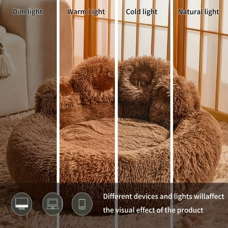 1pc Claw-Shaped Plush Pet Bed Suitable for Small & Medium Dogs & Cats, Raised Edge Anti-Anxiety Bedding with Paw Print Design, Warm Cozy Bed for Puppies, Machine Washable PP Nest, No Assembly Required for Crate or Use