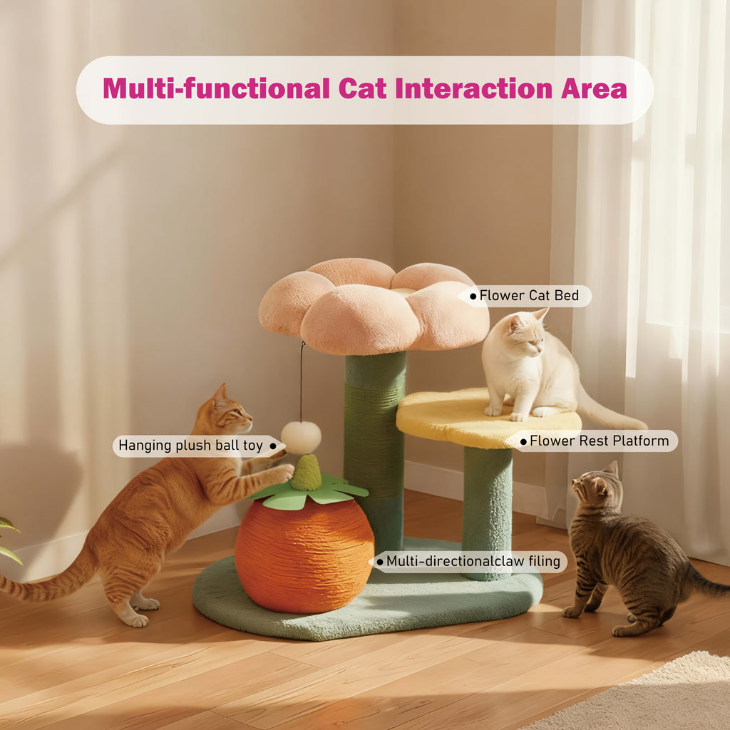 Purple Eggplant\u002FFlower-shaped Sisal Scratch Board | Interactive Cat Scratch Post with Mini Pet House (Green Base + Yellow Cat Bed), Durable Indoor Small Cat Climbing Frame, Plush Base & Sisal Rope, Soft Plush Material, Cat Accessories