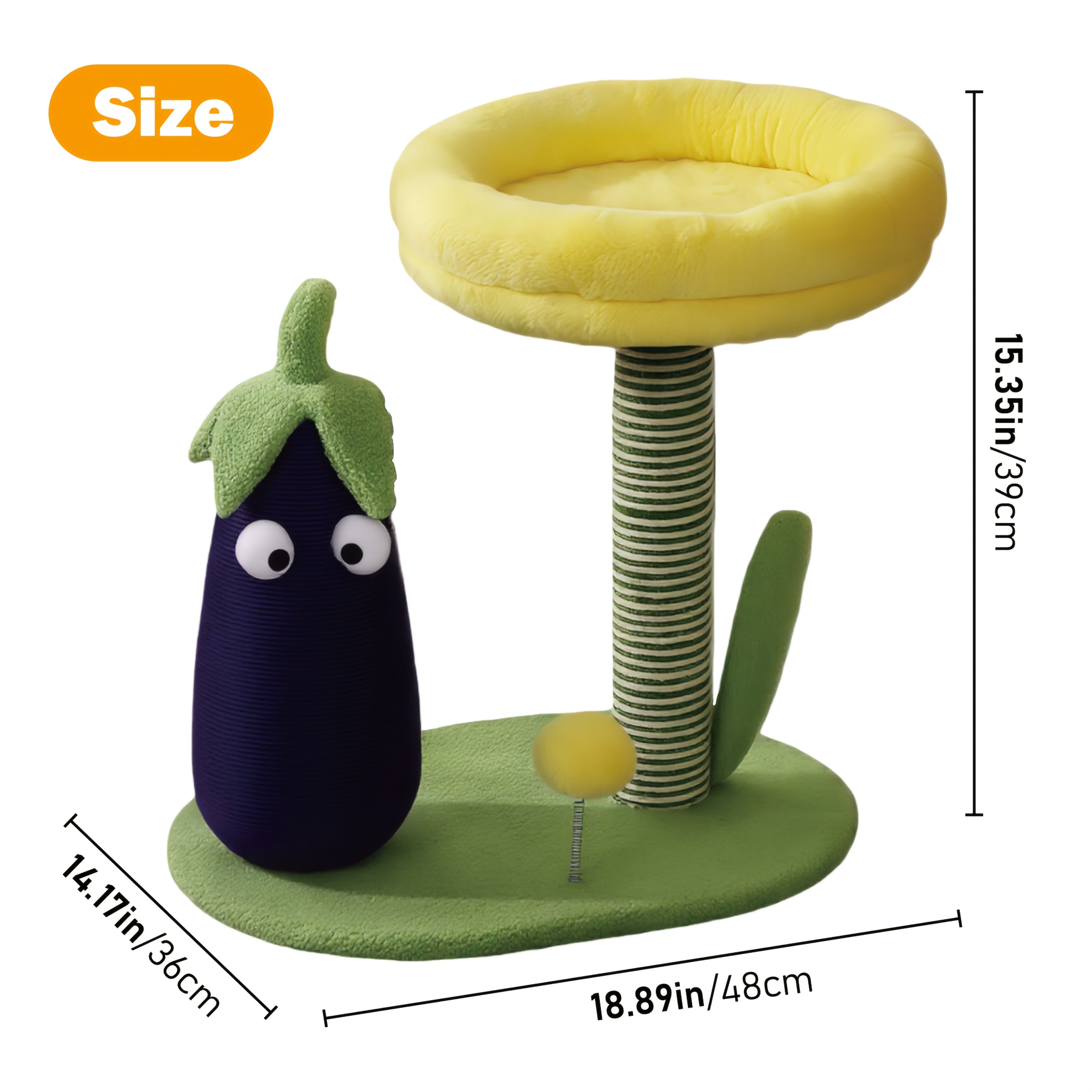 Purple Eggplant\u002FFlower-shaped Sisal Scratch Board | Interactive Cat Scratch Post with Mini Pet House (Green Base + Yellow Cat Bed), Durable Indoor Small Cat Climbing Frame, Plush Base & Sisal Rope, Soft Plush Material, Cat Accessories