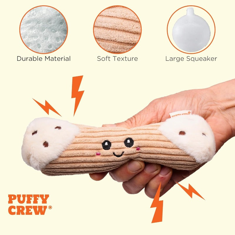Squeaky Plush Dog Chew Toy - Cannoli Treat-like Bite-Stick Collection #8 with Glass-Filled Squeaker, Soft & Brown Puppy Toy for Interactive Play, Dental Health & Mental Stimulation - Safe Chewable for Small & Medium Dogs, No Batteries Needed