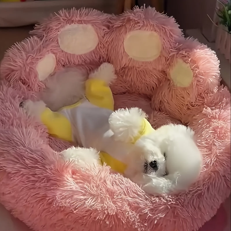 1pc Claw-Shaped Plush Pet Bed Suitable for Small & Medium Dogs & Cats, Raised Edge Anti-Anxiety Bedding with Paw Print Design, Warm Cozy Bed for Puppies, Machine Washable PP Nest, No Assembly Required for Crate or Use