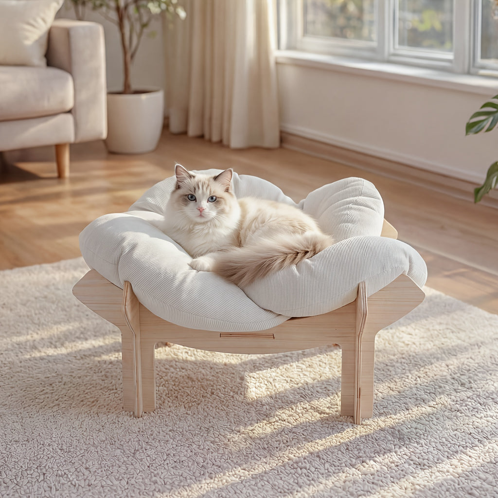 High-Leg Elevated Pet Bed with Joint-Protecting Cushion - Removable Soft Bed, Solid Wood Base Suitable for Cats & Small Dogs, Easy Assembly Indoor Bed, Sturdy Legs & Heart Frame, Modern Luxury Indoor Cat Furniture (-Filled)