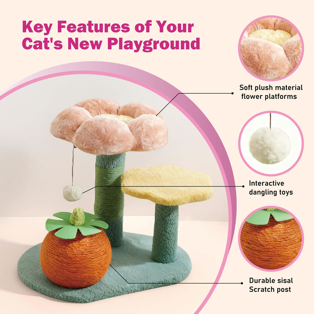 Purple Eggplant\u002FFlower-shaped Sisal Scratch Board | Interactive Cat Scratch Post with Mini Pet House (Green Base + Yellow Cat Bed), Durable Indoor Small Cat Climbing Frame, Plush Base & Sisal Rope, Soft Plush Material, Cat Accessories