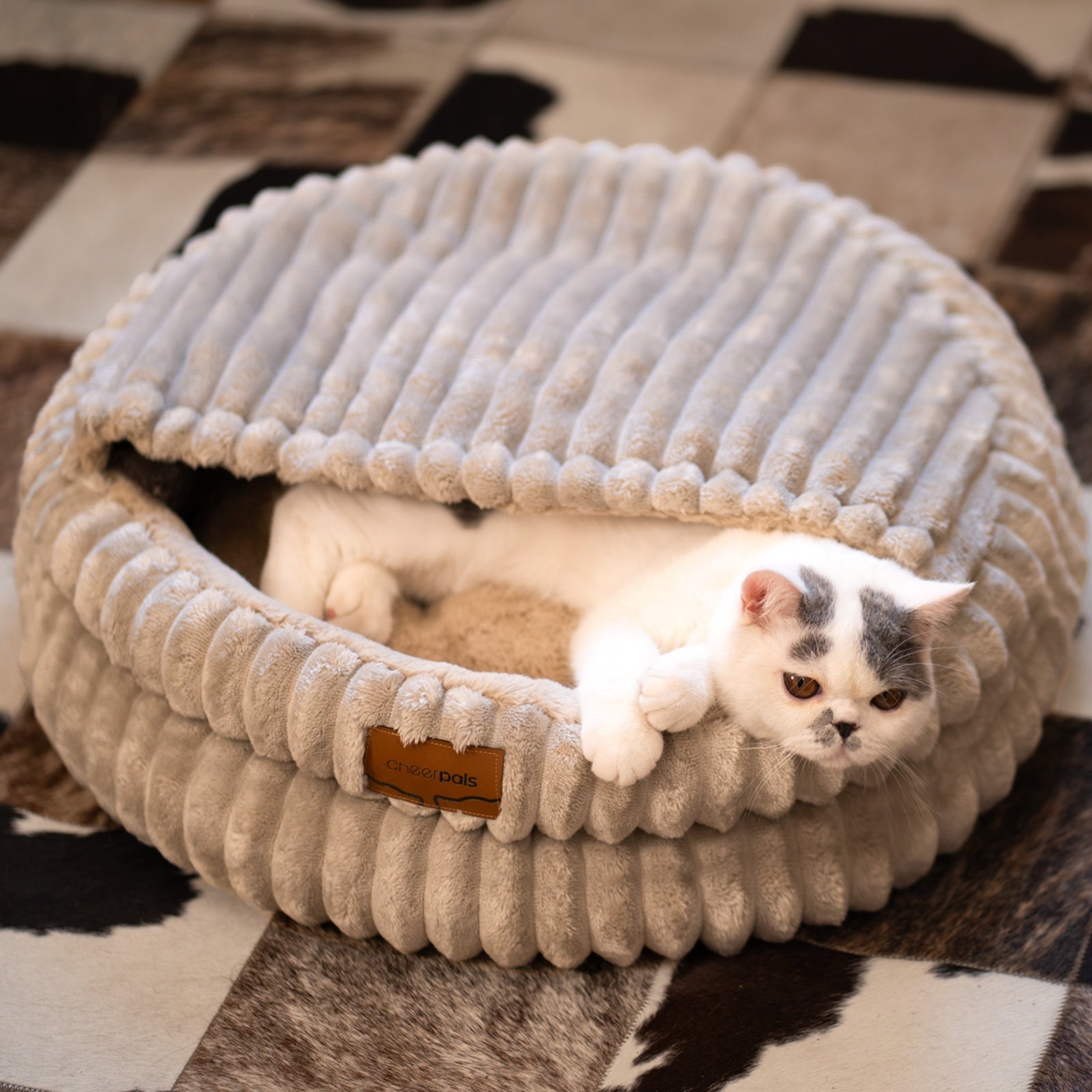CheerPals Twisted Cat & Dog Bed - Spacious Round Pet Sofa with Removable Cushion, Soft Durable Design, No Assembly Required, Cozy Indoor Bed for Cats & Small Dogs, Classic Style in, Grey, Navy - Ideal for Apartments & Condos, Pet Furniture