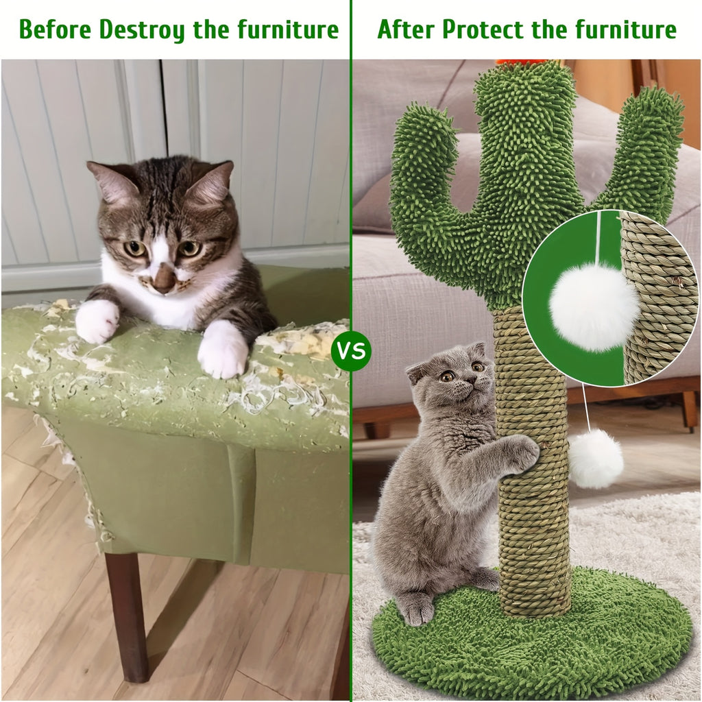 Cactus-Shaped Cat Climbing Tree 2-in-1 with Solid Wood Base & Natural Sisal Scratching Post, Hanging Pom Ball for Indoor Cats - Multi-Level Cat Activity Center for Climbing, Scratching & Play, Cat Climbing Wall System