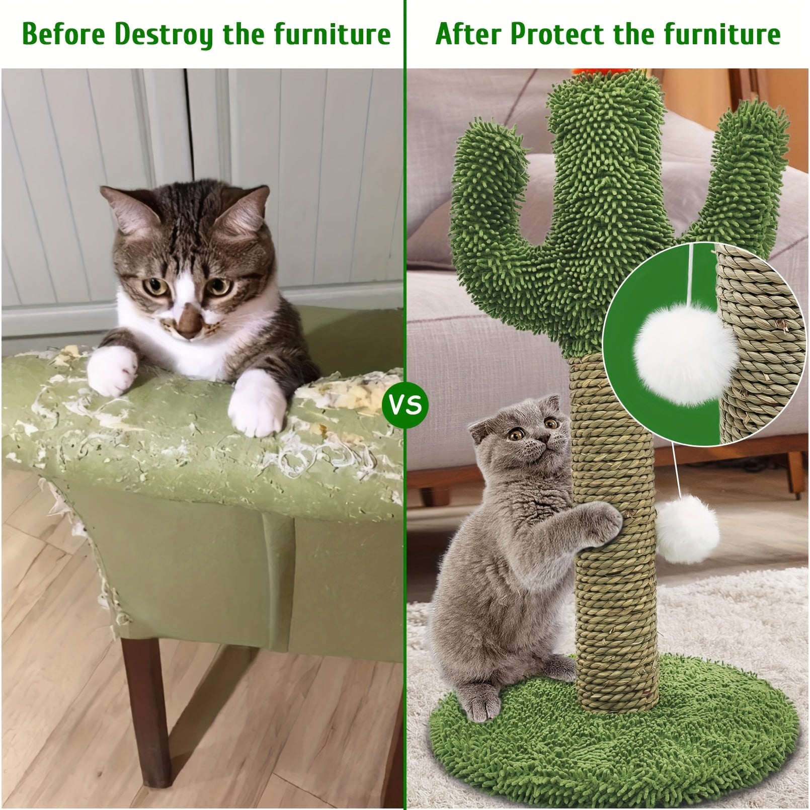 Cactus-Shaped Cat Climbing Tree 2-in-1 with Solid Wood Base & Natural Sisal Scratching Post, Hanging Pom Ball for Indoor Cats - Multi-Level Cat Activity Center for Climbing, Scratching & Play, Cat Climbing Wall System