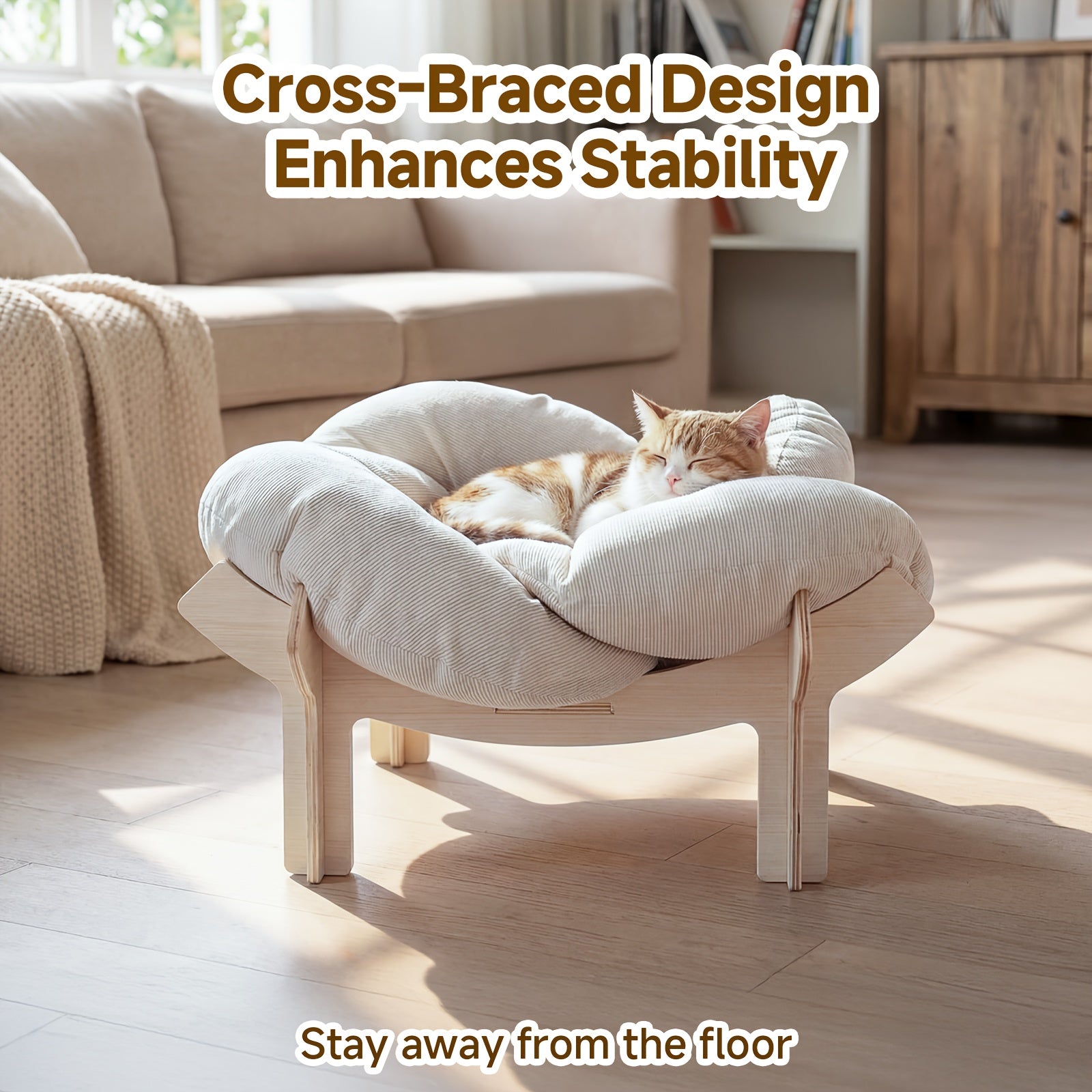 High-Leg Elevated Pet Bed with Joint-Protecting Cushion - Removable Soft Bed, Solid Wood Base Suitable for Cats & Small Dogs, Easy Assembly Indoor Bed, Sturdy Legs & Heart Frame, Modern Luxury Indoor Cat Furniture (-Filled)