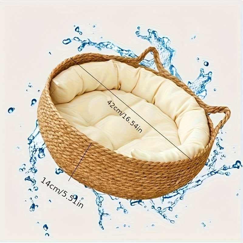 Rattan Circular Cat Bed with Removable Cushion & Breathable Handle - Cozy Indoor\u002FOutdoor Pet Basket Suitable for Cats & Small Dogs, All-Season Durable Vine Furniture, Soft Warm Bed for, Christmas & Halloween Gift for Pet Owners