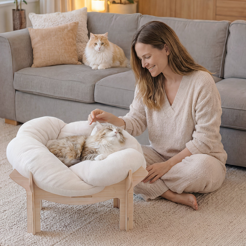 High-Leg Elevated Pet Bed with Joint-Protecting Cushion - Removable Soft Bed, Solid Wood Base Suitable for Cats & Small Dogs, Easy Assembly Indoor Bed, Sturdy Legs & Heart Frame, Modern Luxury Indoor Cat Furniture (-Filled)