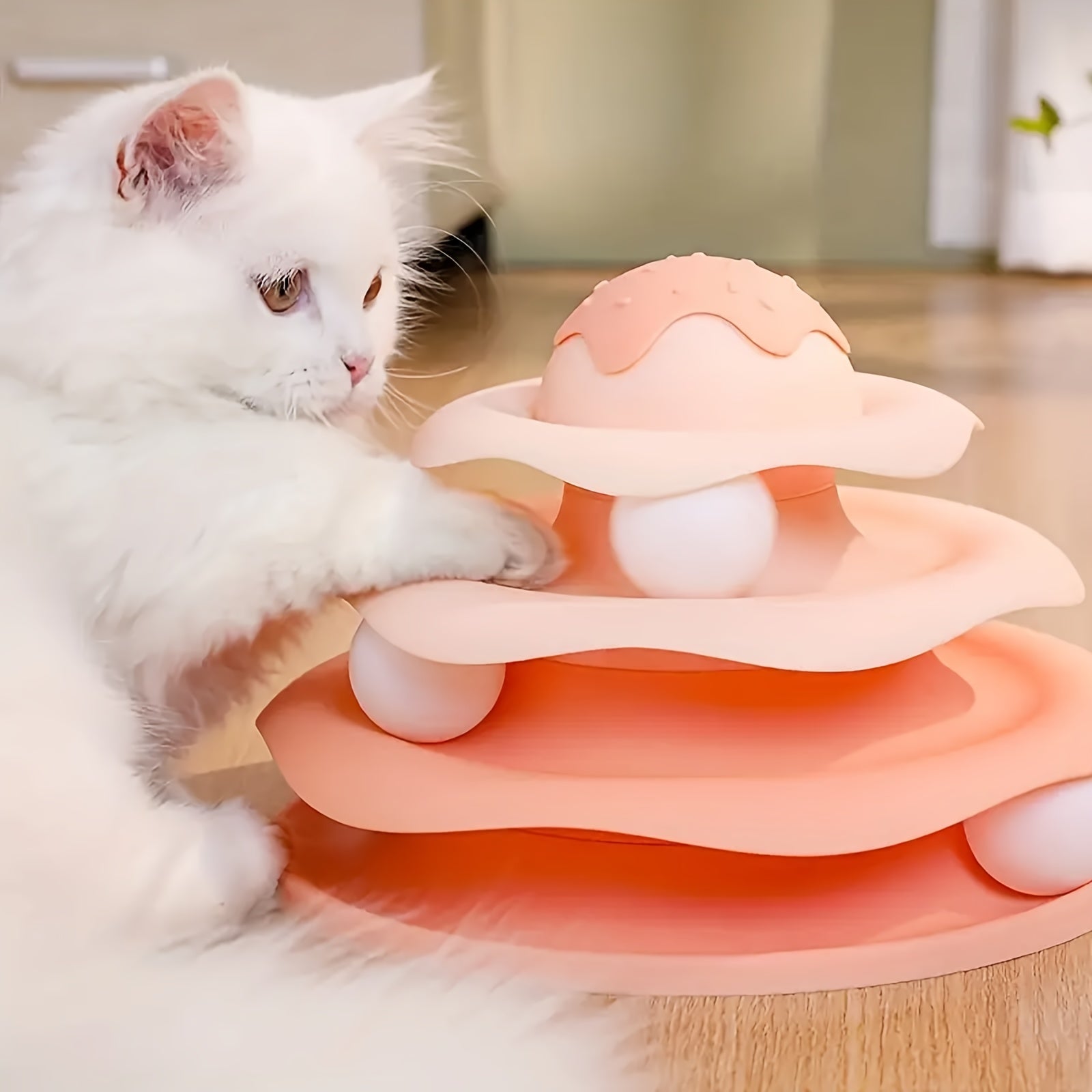 Three Layer Cat Turntable Egg Tart Shaped Toy, Interactive Small Ball Track Tower Cat Toy, Cat Puzzle Game, Indoor Cat to Relieve Boredom, with Three Small Balls