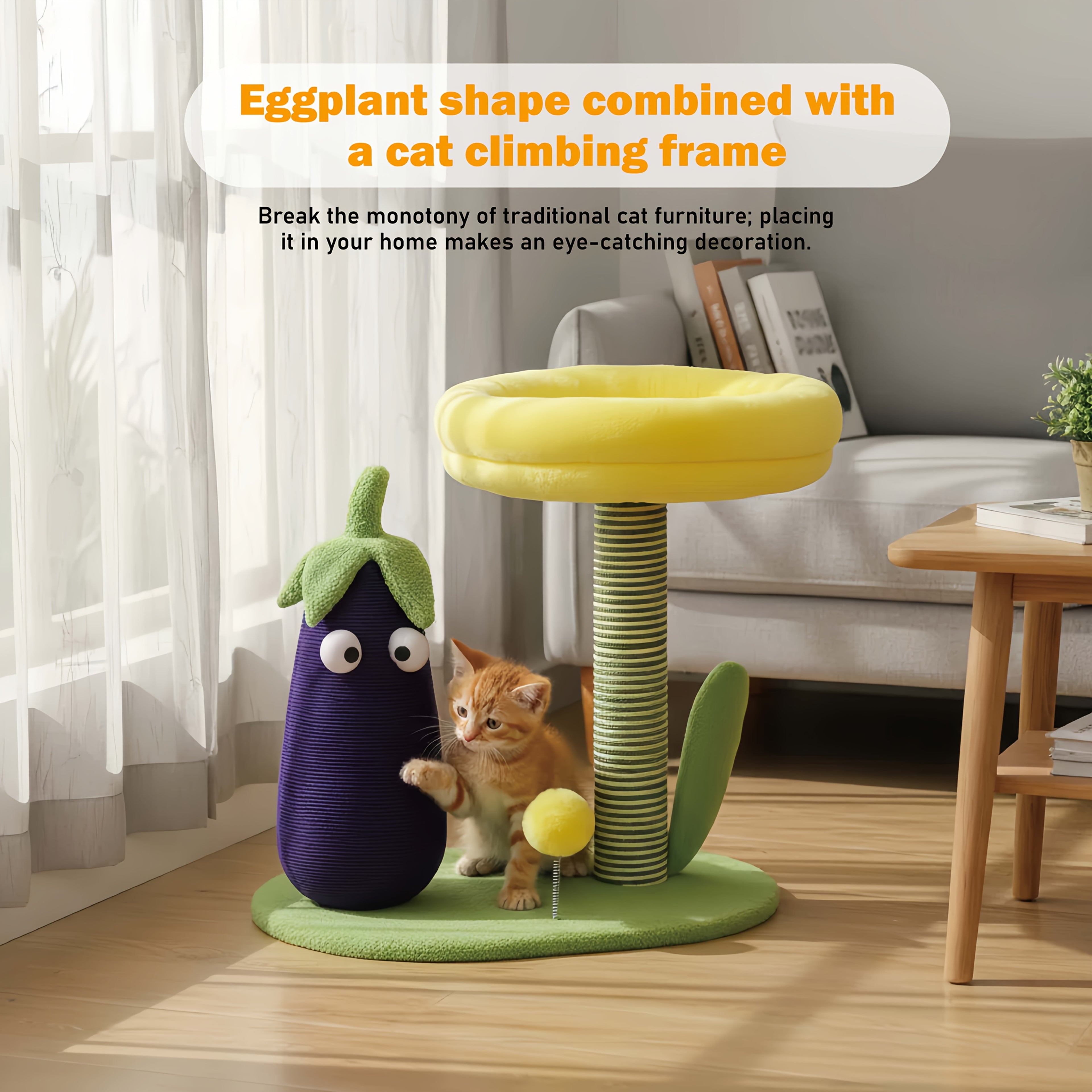 Purple Eggplant\u002FFlower-shaped Sisal Scratch Board | Interactive Cat Scratch Post with Mini Pet House (Green Base + Yellow Cat Bed), Durable Indoor Small Cat Climbing Frame, Plush Base & Sisal Rope, Soft Plush Material, Cat Accessories