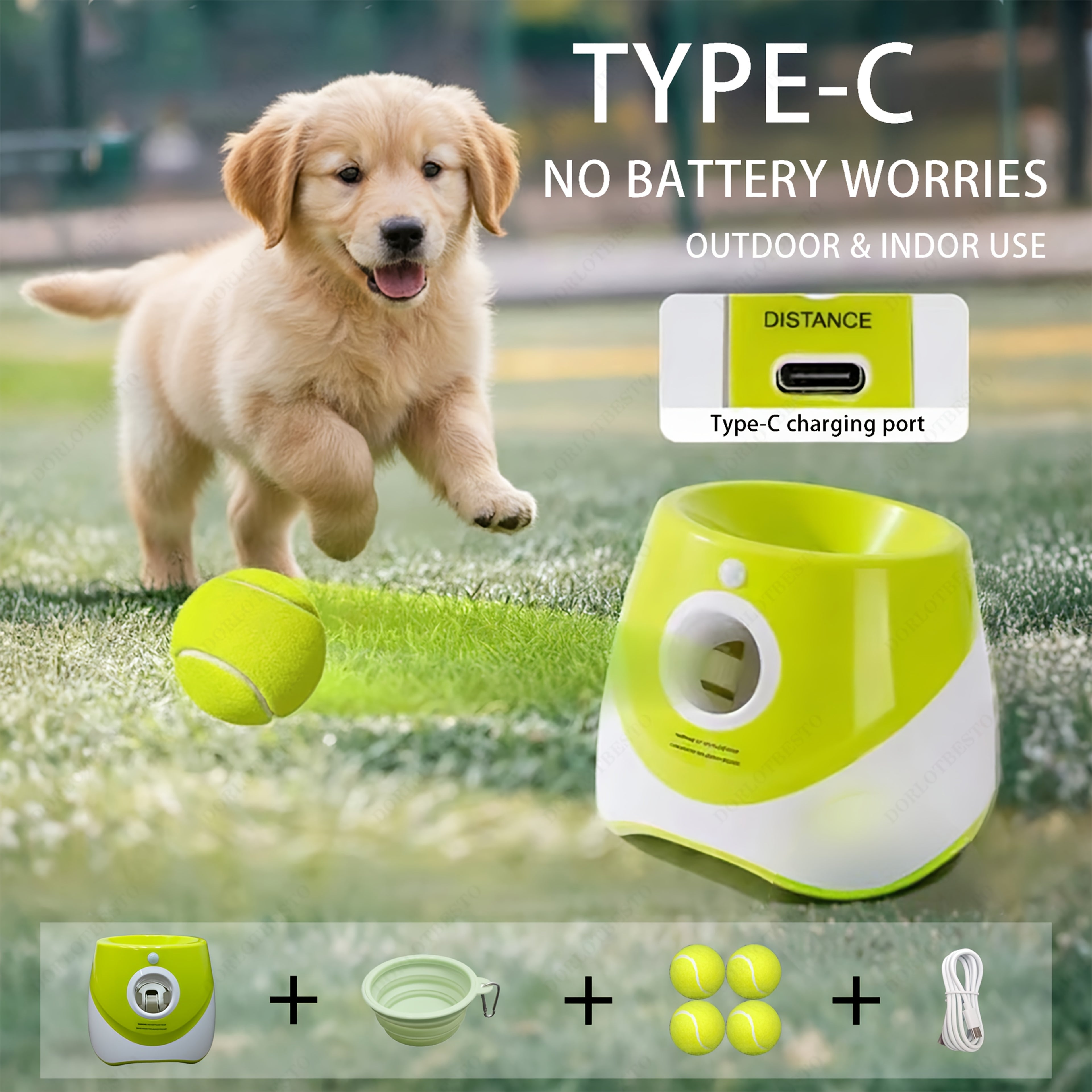 Automatic Dog Ball Launcher with 4 Anti-Chew Tennis Balls + Foldable Water Bowl, Low Voltage Safe Operation, 3 Speed Adjustable, 10-30ft Throwing Distance, Hands-Free, Indoor & Outdoor Use for Puppies And Adult Dogs, Interactive Training Play Pet Toy