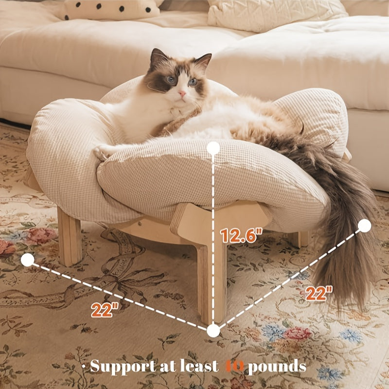 Elevated Cat Bed Wooden with Cushion Fluffy Pet Couch Sofa for Indoor Cats Raised Kitty Lounge Chair with Hardware Tool Suitable for Puppy, Cat Furniture