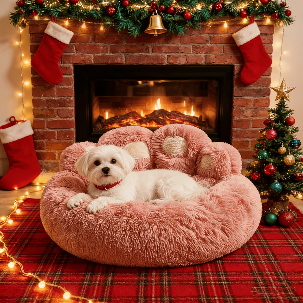 1pc Claw-Shaped Plush Pet Bed Suitable for Small & Medium Dogs & Cats, Raised Edge Anti-Anxiety Bedding with Paw Print Design, Warm Cozy Bed for Puppies, Machine Washable PP Nest, No Assembly Required for Crate or Use