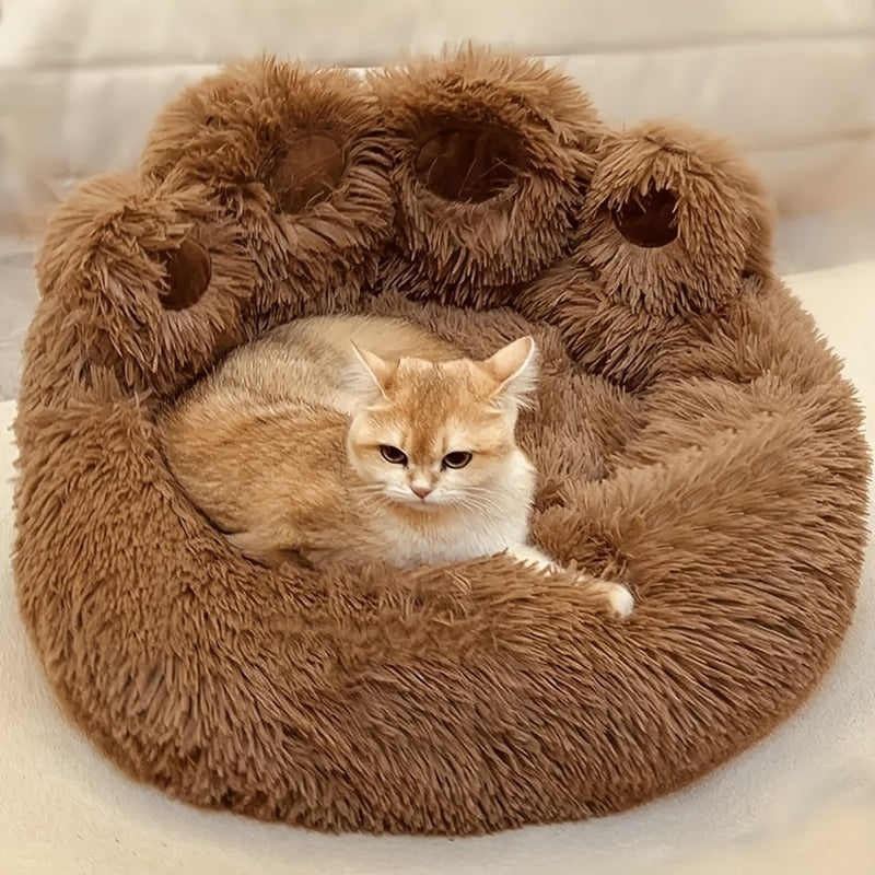 1pc Claw-Shaped Plush Pet Bed Suitable for Small & Medium Dogs & Cats, Raised Edge Anti-Anxiety Bedding with Paw Print Design, Warm Cozy Bed for Puppies, Machine Washable PP Nest, No Assembly Required for Crate or Use