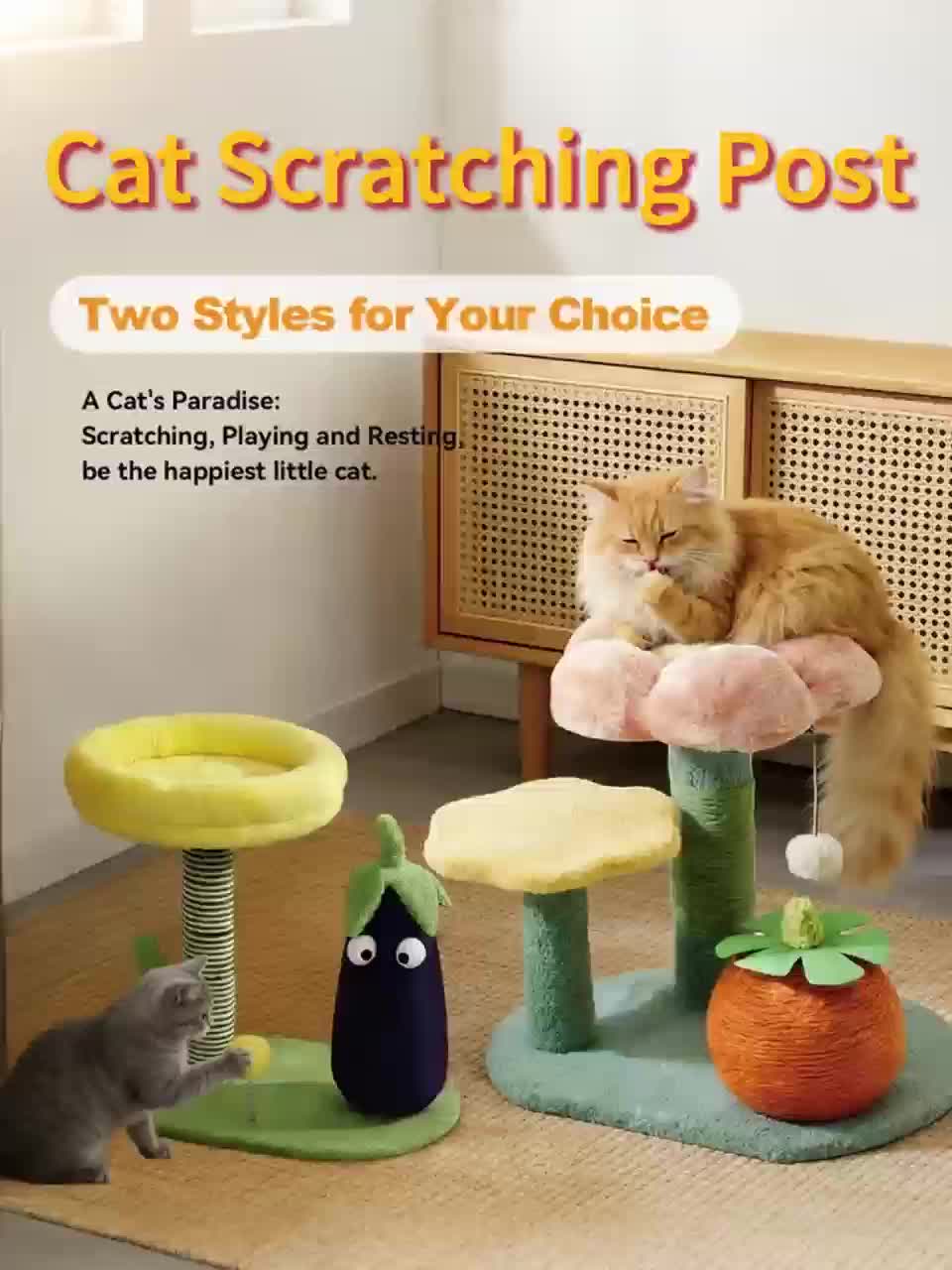 Purple Eggplant\u002FFlower-shaped Sisal Scratch Board | Interactive Cat Scratch Post with Mini Pet House (Green Base + Yellow Cat Bed), Durable Indoor Small Cat Climbing Frame, Plush Base & Sisal Rope, Soft Plush Material, Cat Accessories