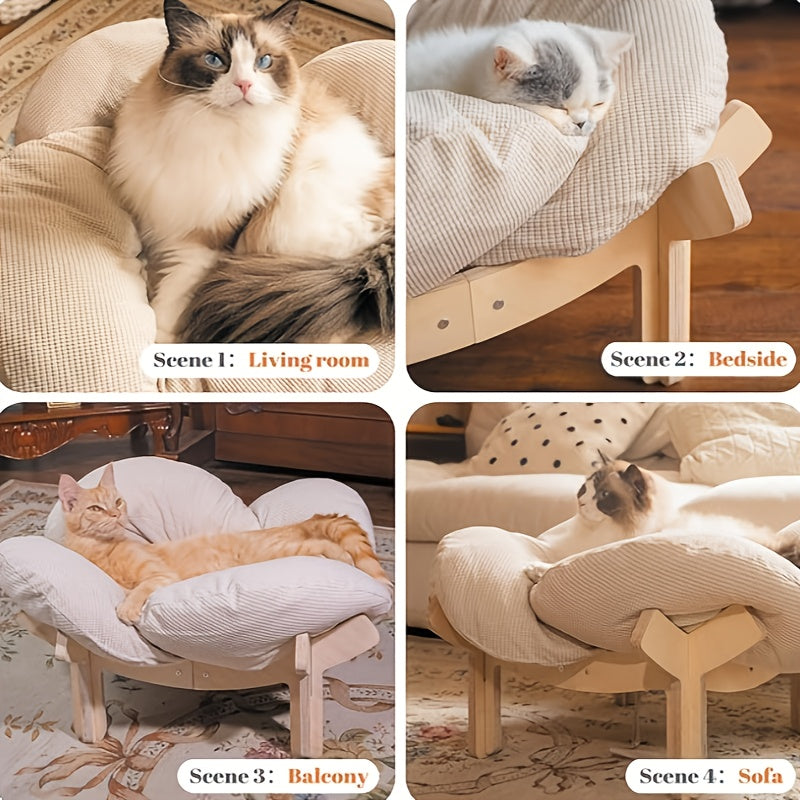 Elevated Cat Bed Wooden with Cushion Fluffy Pet Couch Sofa for Indoor Cats Raised Kitty Lounge Chair with Hardware Tool Suitable for Puppy, Cat Furniture