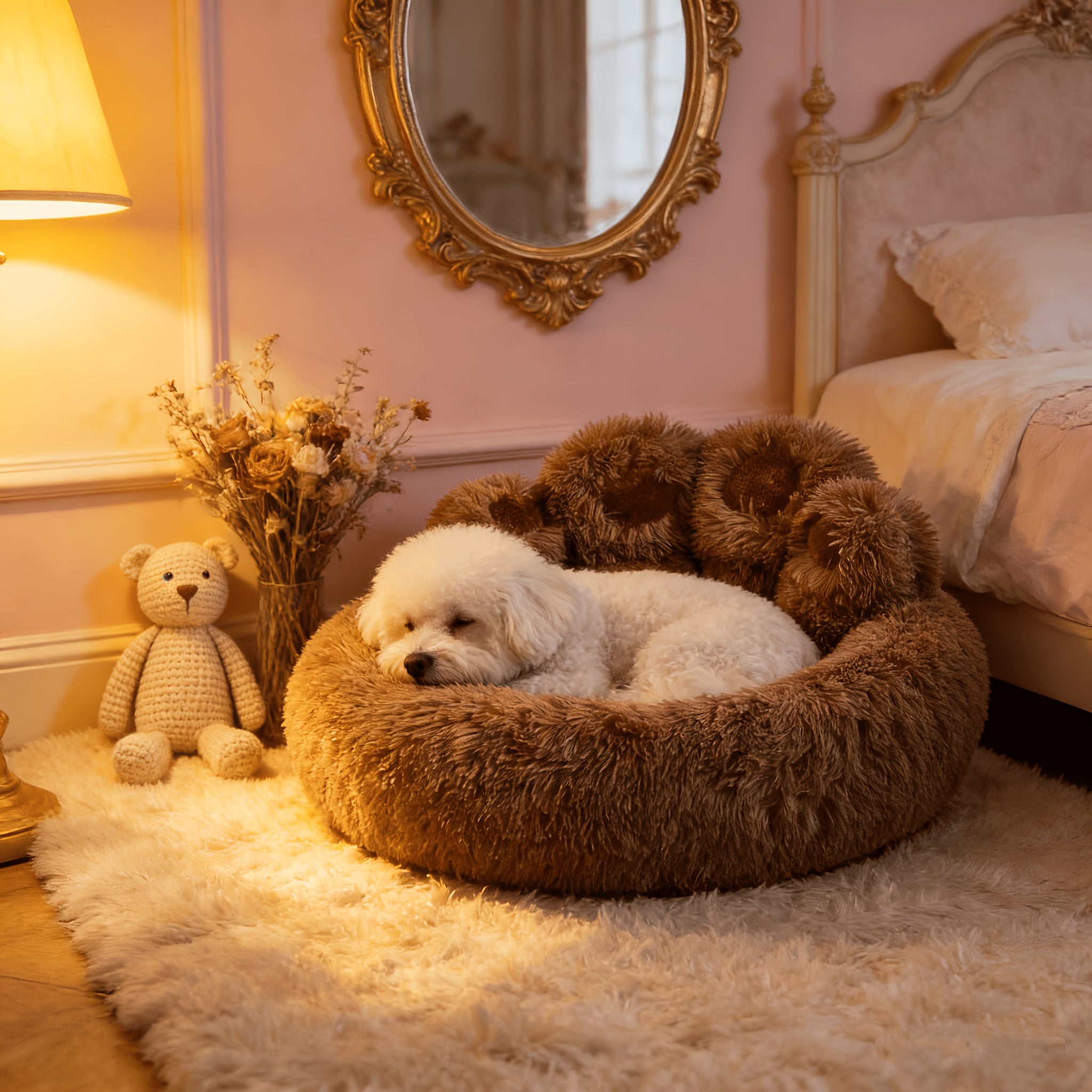 1pc Claw-Shaped Plush Pet Bed Suitable for Small & Medium Dogs & Cats, Raised Edge Anti-Anxiety Bedding with Paw Print Design, Warm Cozy Bed for Puppies, Machine Washable PP Nest, No Assembly Required for Crate or Use