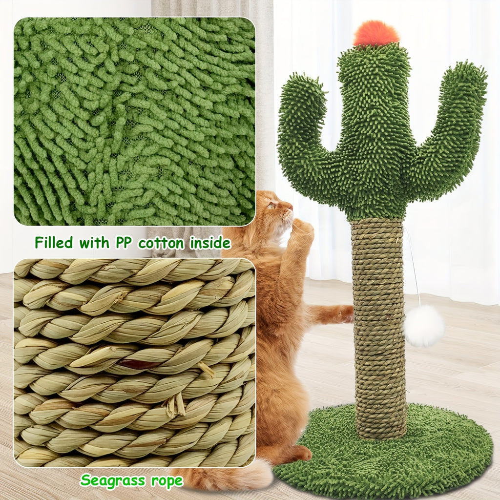 Cactus-Shaped Cat Climbing Tree 2-in-1 with Solid Wood Base & Natural Sisal Scratching Post, Hanging Pom Ball for Indoor Cats - Multi-Level Cat Activity Center for Climbing, Scratching & Play, Cat Climbing Wall System