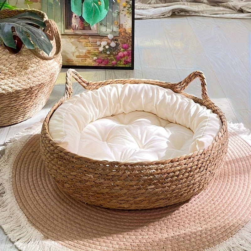 Rattan Circular Cat Bed with Removable Cushion & Breathable Handle - Cozy Indoor\u002FOutdoor Pet Basket Suitable for Cats & Small Dogs, All-Season Durable Vine Furniture, Soft Warm Bed for, Christmas & Halloween Gift for Pet Owners
