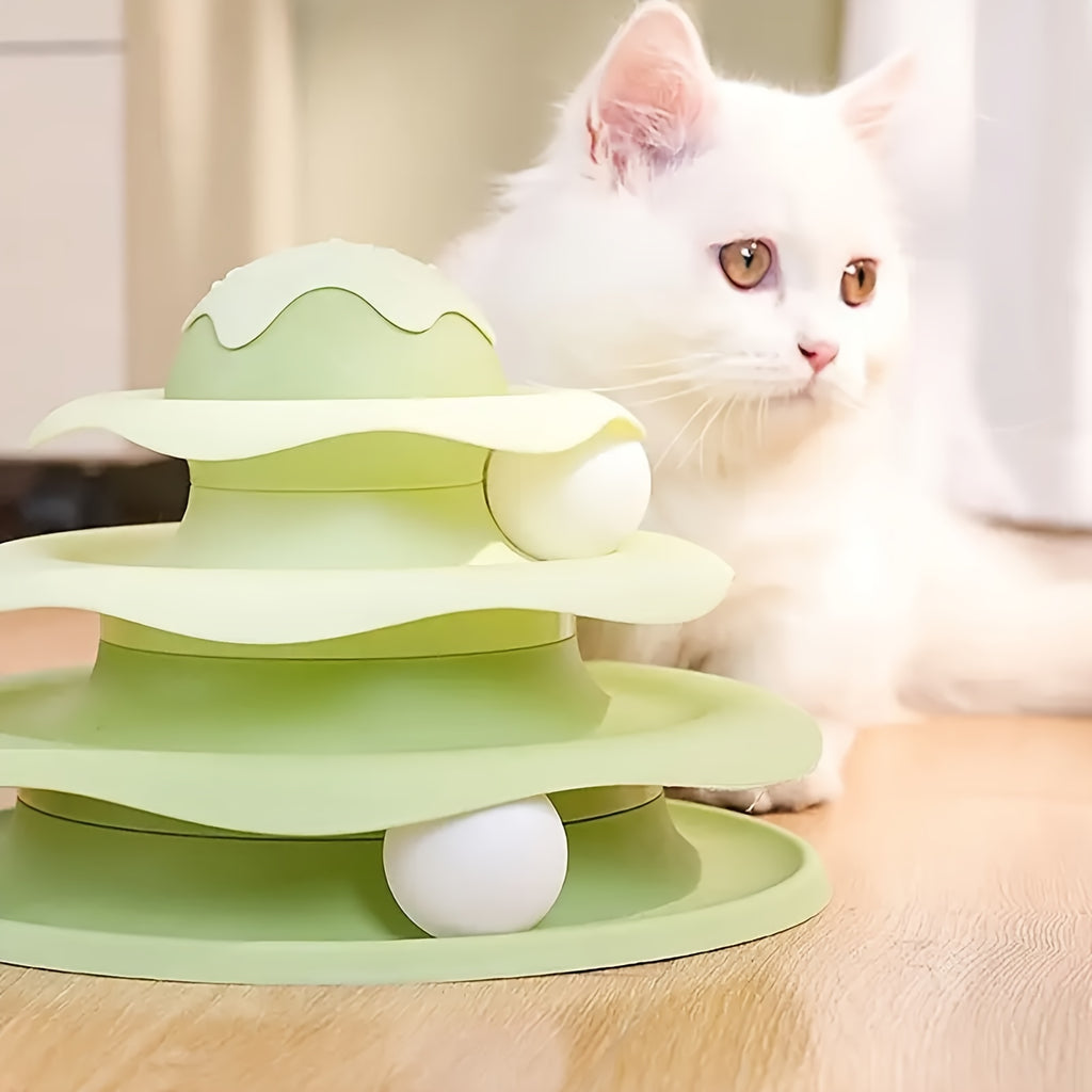 Three Layer Cat Turntable Egg Tart Shaped Toy, Interactive Small Ball Track Tower Cat Toy, Cat Puzzle Game, Indoor Cat to Relieve Boredom, with Three Small Balls