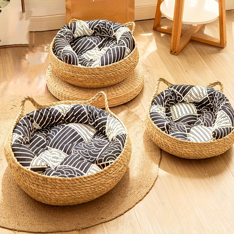 Rattan Circular Cat Bed with Removable Cushion & Breathable Handle - Cozy Indoor\u002FOutdoor Pet Basket Suitable for Cats & Small Dogs, All-Season Durable Vine Furniture, Soft Warm Bed for, Christmas & Halloween Gift for Pet Owners