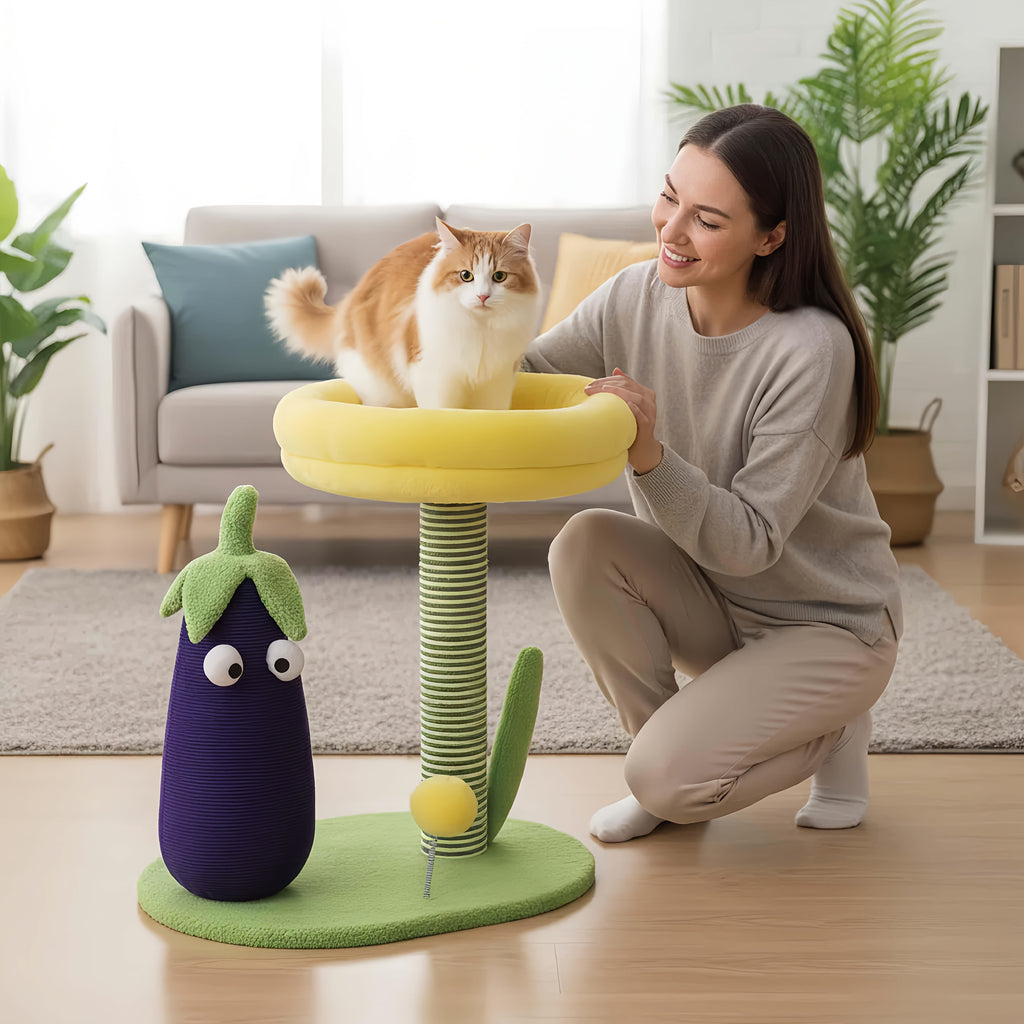 Purple Eggplant\u002FFlower-shaped Sisal Scratch Board | Interactive Cat Scratch Post with Mini Pet House (Green Base + Yellow Cat Bed), Durable Indoor Small Cat Climbing Frame, Plush Base & Sisal Rope, Soft Plush Material, Cat Accessories