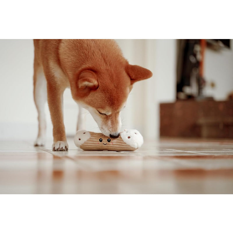 Squeaky Plush Dog Chew Toy - Cannoli Treat-like Bite-Stick Collection #8 with Glass-Filled Squeaker, Soft & Brown Puppy Toy for Interactive Play, Dental Health & Mental Stimulation - Safe Chewable for Small & Medium Dogs, No Batteries Needed