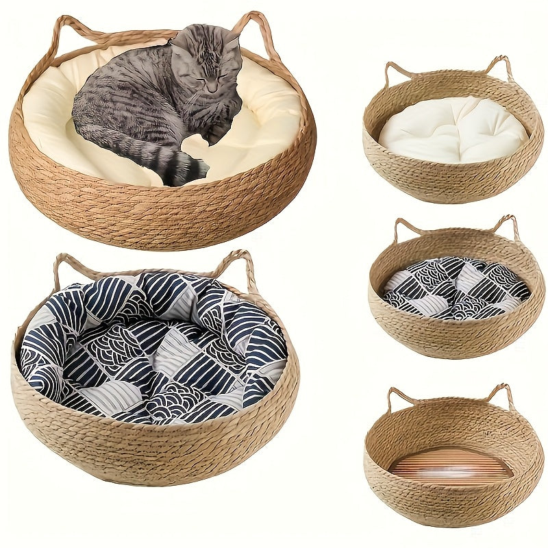Rattan Circular Cat Bed with Removable Cushion & Breathable Handle - Cozy Indoor\u002FOutdoor Pet Basket Suitable for Cats & Small Dogs, All-Season Durable Vine Furniture, Soft Warm Bed for, Christmas & Halloween Gift for Pet Owners