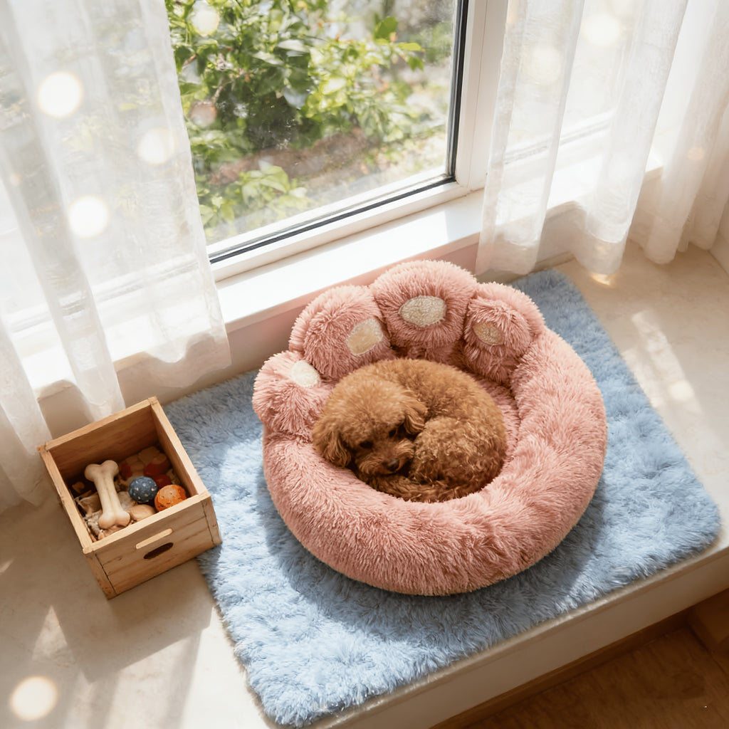 1pc Claw-Shaped Plush Pet Bed Suitable for Small & Medium Dogs & Cats, Raised Edge Anti-Anxiety Bedding with Paw Print Design, Warm Cozy Bed for Puppies, Machine Washable PP Nest, No Assembly Required for Crate or Use