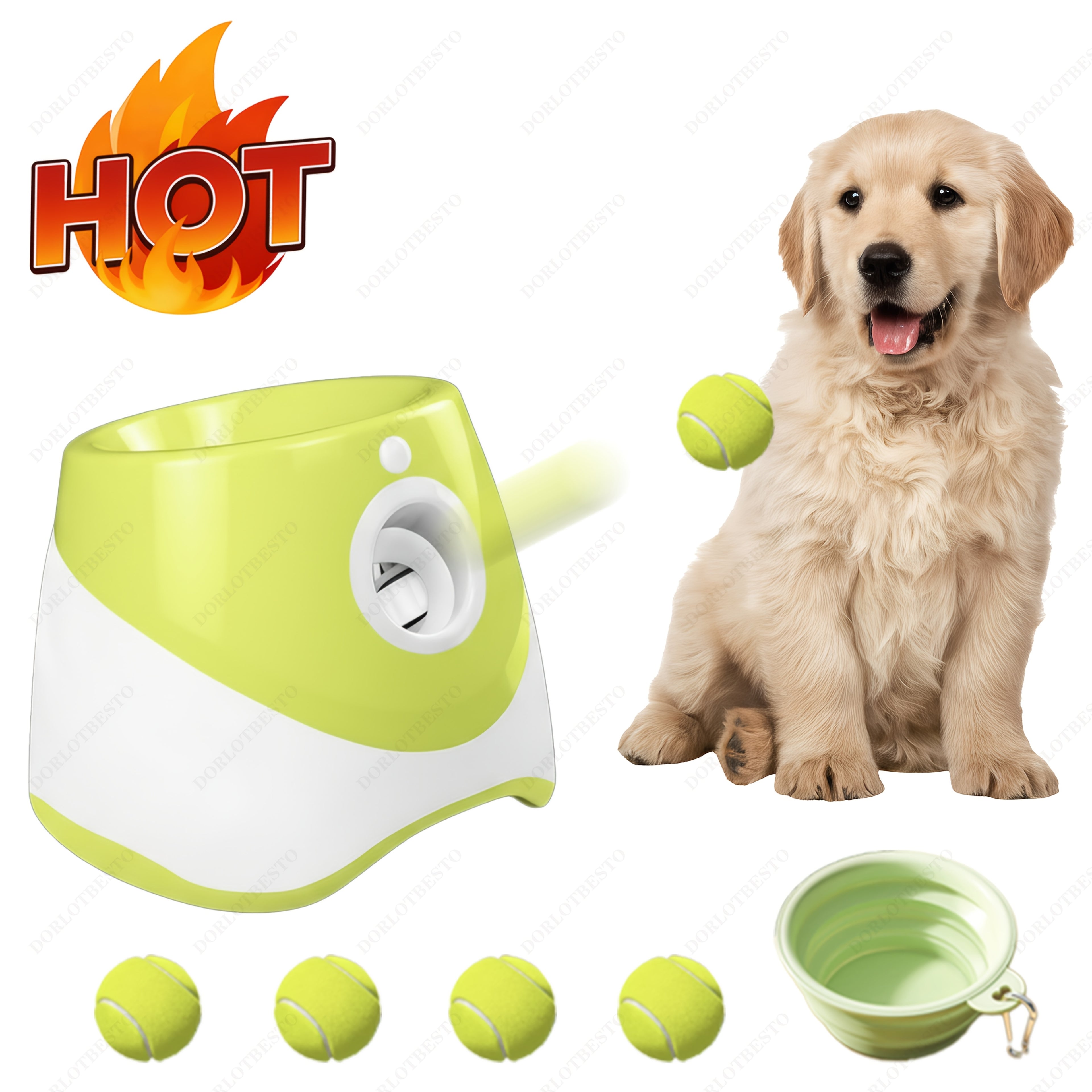 Automatic Dog Ball Launcher with 4 Anti-Chew Tennis Balls + Foldable Water Bowl, Low Voltage Safe Operation, 3 Speed Adjustable, 10-30ft Throwing Distance, Hands-Free, Indoor & Outdoor Use for Puppies And Adult Dogs, Interactive Training Play Pet Toy