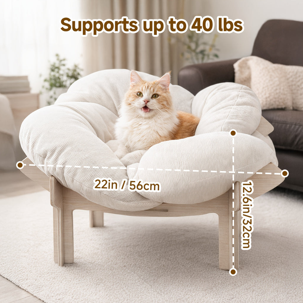 High-Leg Elevated Pet Bed with Joint-Protecting Cushion - Removable Soft Bed, Solid Wood Base Suitable for Cats & Small Dogs, Easy Assembly Indoor Bed, Sturdy Legs & Heart Frame, Modern Luxury Indoor Cat Furniture (-Filled)