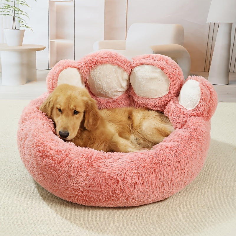 1pc Claw-Shaped Plush Pet Bed Suitable for Small & Medium Dogs & Cats, Raised Edge Anti-Anxiety Bedding with Paw Print Design, Warm Cozy Bed for Puppies, Machine Washable PP Nest, No Assembly Required for Crate or Use