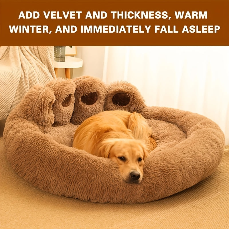 1pc Claw-Shaped Plush Pet Bed Suitable for Small & Medium Dogs & Cats, Raised Edge Anti-Anxiety Bedding with Paw Print Design, Warm Cozy Bed for Puppies, Machine Washable PP Nest, No Assembly Required for Crate or Use