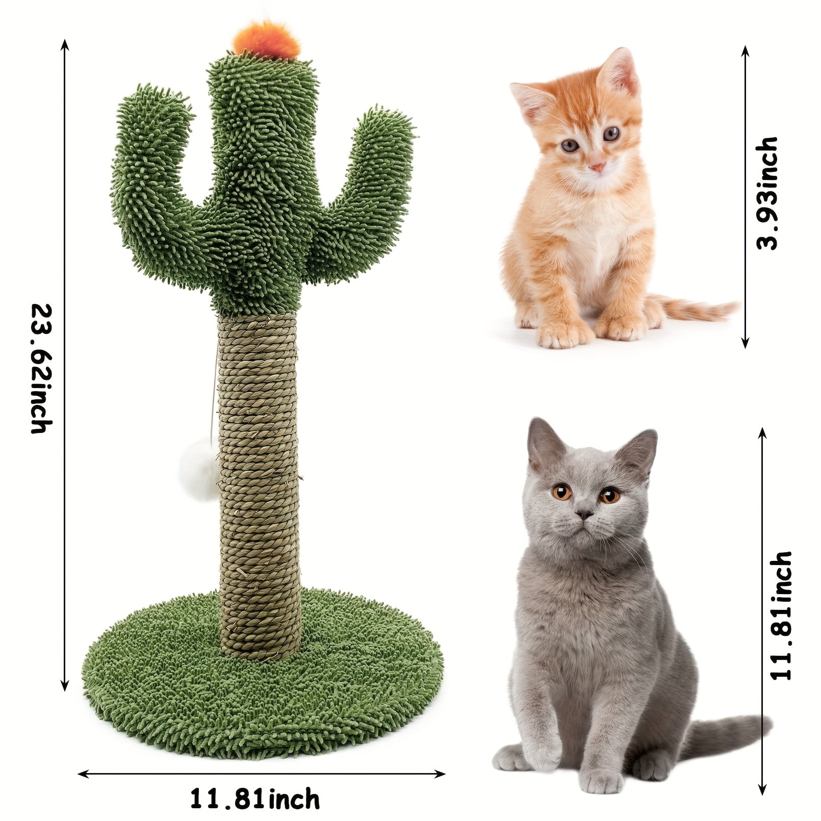 Cactus-Shaped Cat Climbing Tree 2-in-1 with Solid Wood Base & Natural Sisal Scratching Post, Hanging Pom Ball for Indoor Cats - Multi-Level Cat Activity Center for Climbing, Scratching & Play, Cat Climbing Wall System