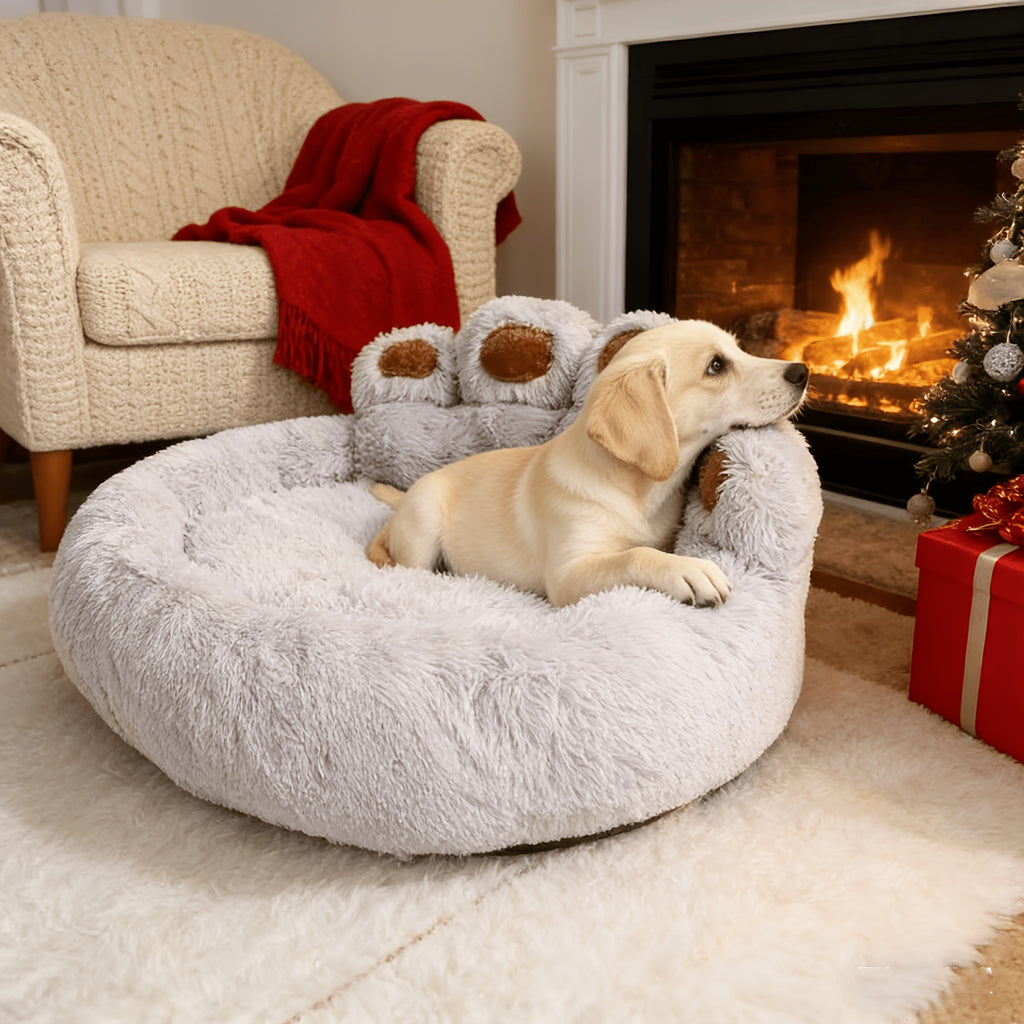 1pc Claw-Shaped Plush Pet Bed Suitable for Small & Medium Dogs & Cats, Raised Edge Anti-Anxiety Bedding with Paw Print Design, Warm Cozy Bed for Puppies, Machine Washable PP Nest, No Assembly Required for Crate or Use