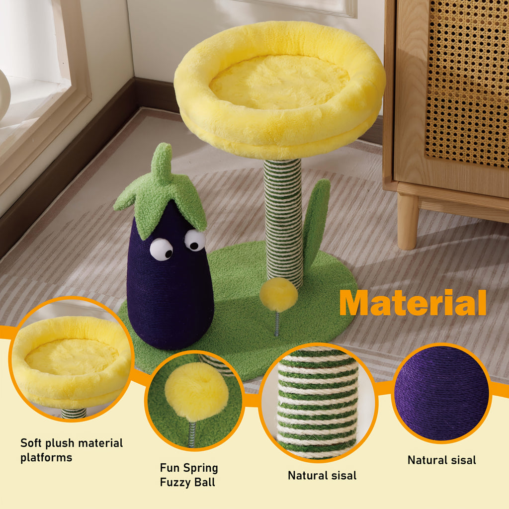 Purple Eggplant\u002FFlower-shaped Sisal Scratch Board | Interactive Cat Scratch Post with Mini Pet House (Green Base + Yellow Cat Bed), Durable Indoor Small Cat Climbing Frame, Plush Base & Sisal Rope, Soft Plush Material, Cat Accessories