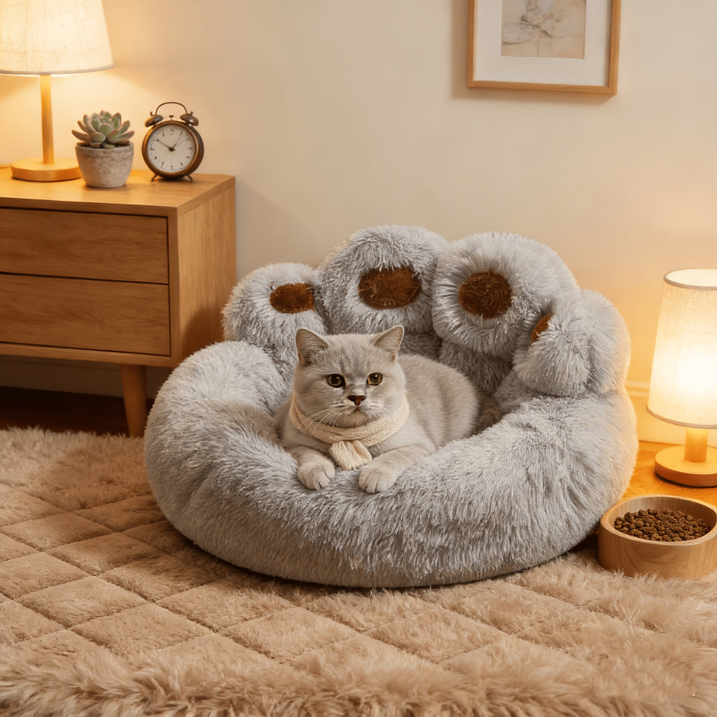 1pc Claw-Shaped Plush Pet Bed Suitable for Small & Medium Dogs & Cats, Raised Edge Anti-Anxiety Bedding with Paw Print Design, Warm Cozy Bed for Puppies, Machine Washable PP Nest, No Assembly Required for Crate or Use
