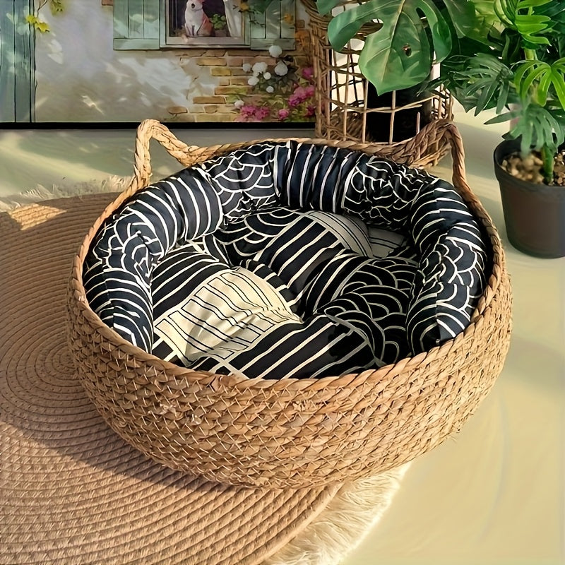 Rattan Circular Cat Bed with Removable Cushion & Breathable Handle - Cozy Indoor\u002FOutdoor Pet Basket Suitable for Cats & Small Dogs, All-Season Durable Vine Furniture, Soft Warm Bed for, Christmas & Halloween Gift for Pet Owners